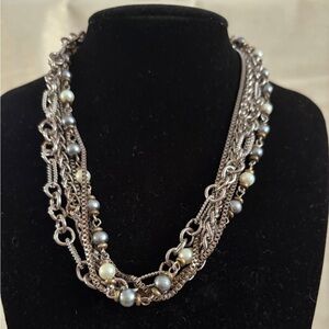 Source Unknown Silver and Pearl Multi-Strand Necklace